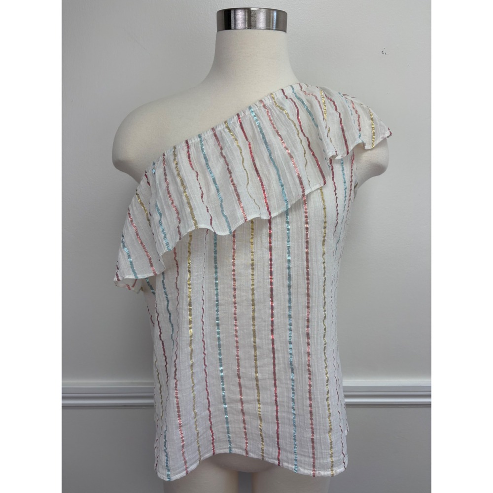 Sezane Adelie One Shoulder Ruffle Neck Top Ecru Rayures Lurex Size 40 (US 8)